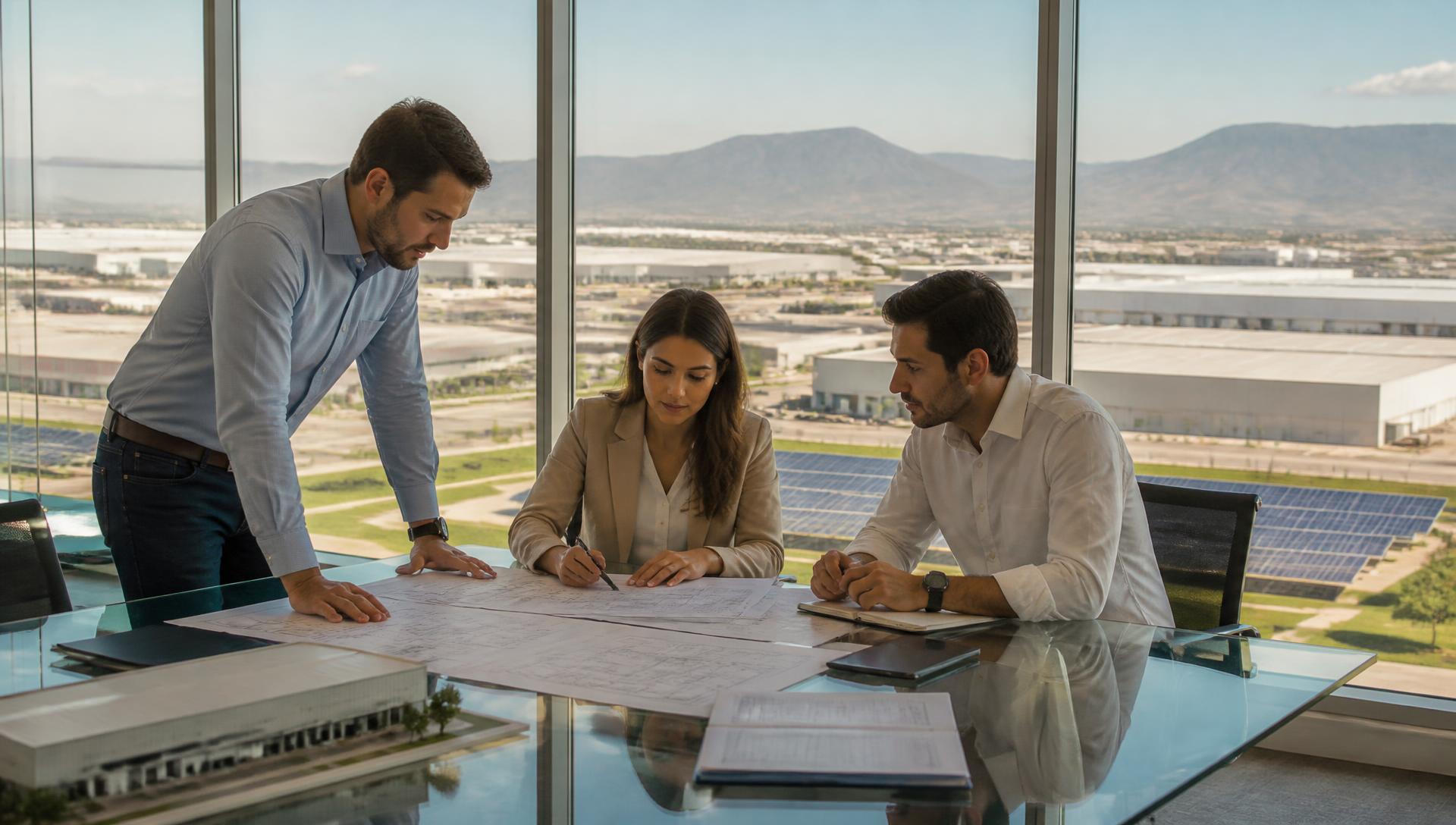 Profesionales de negocios revisando planos en una oficina con vista a un parque industrial