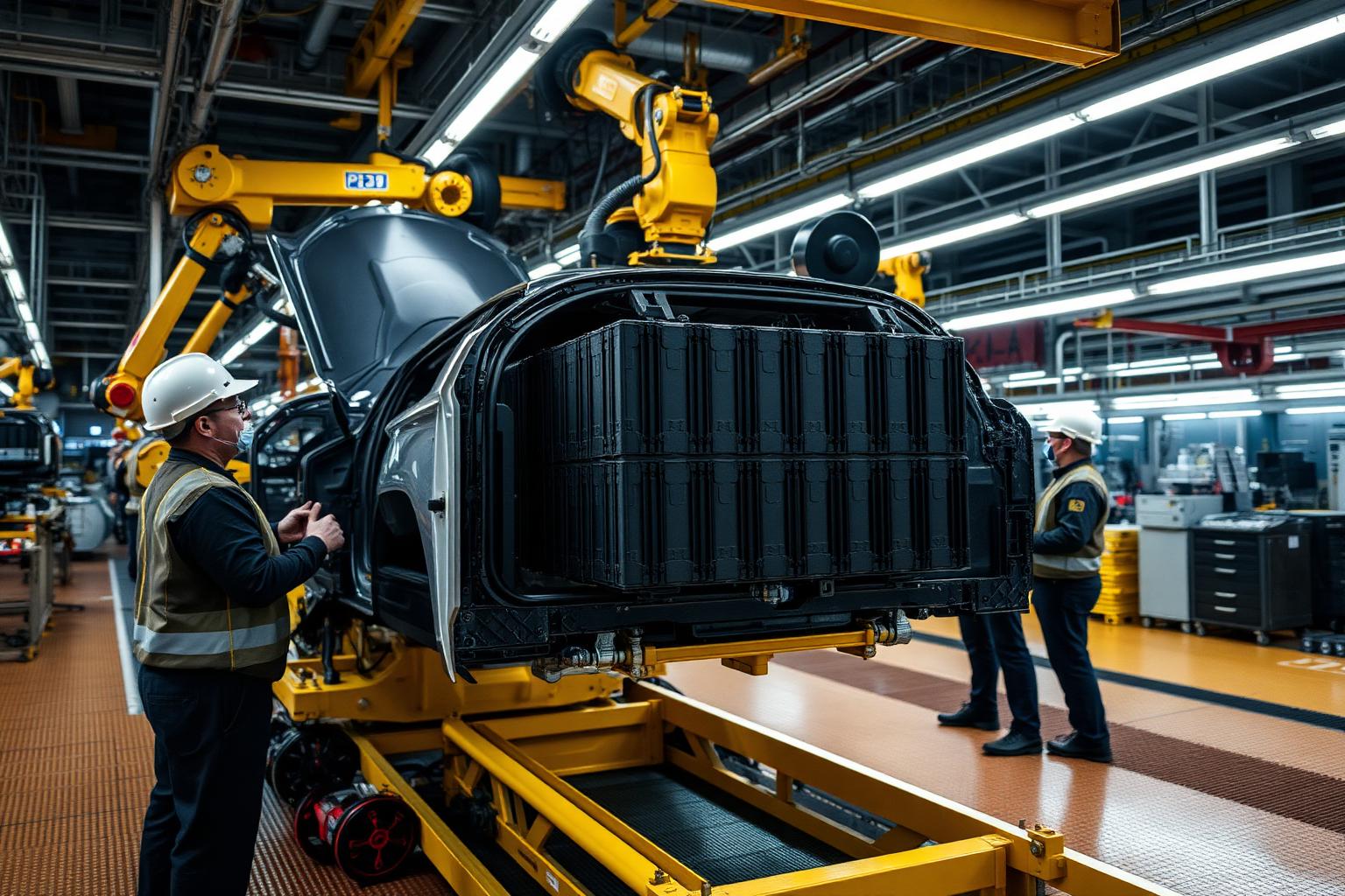 Instalación de un paquete de baterías en una línea de ensamble automotriz