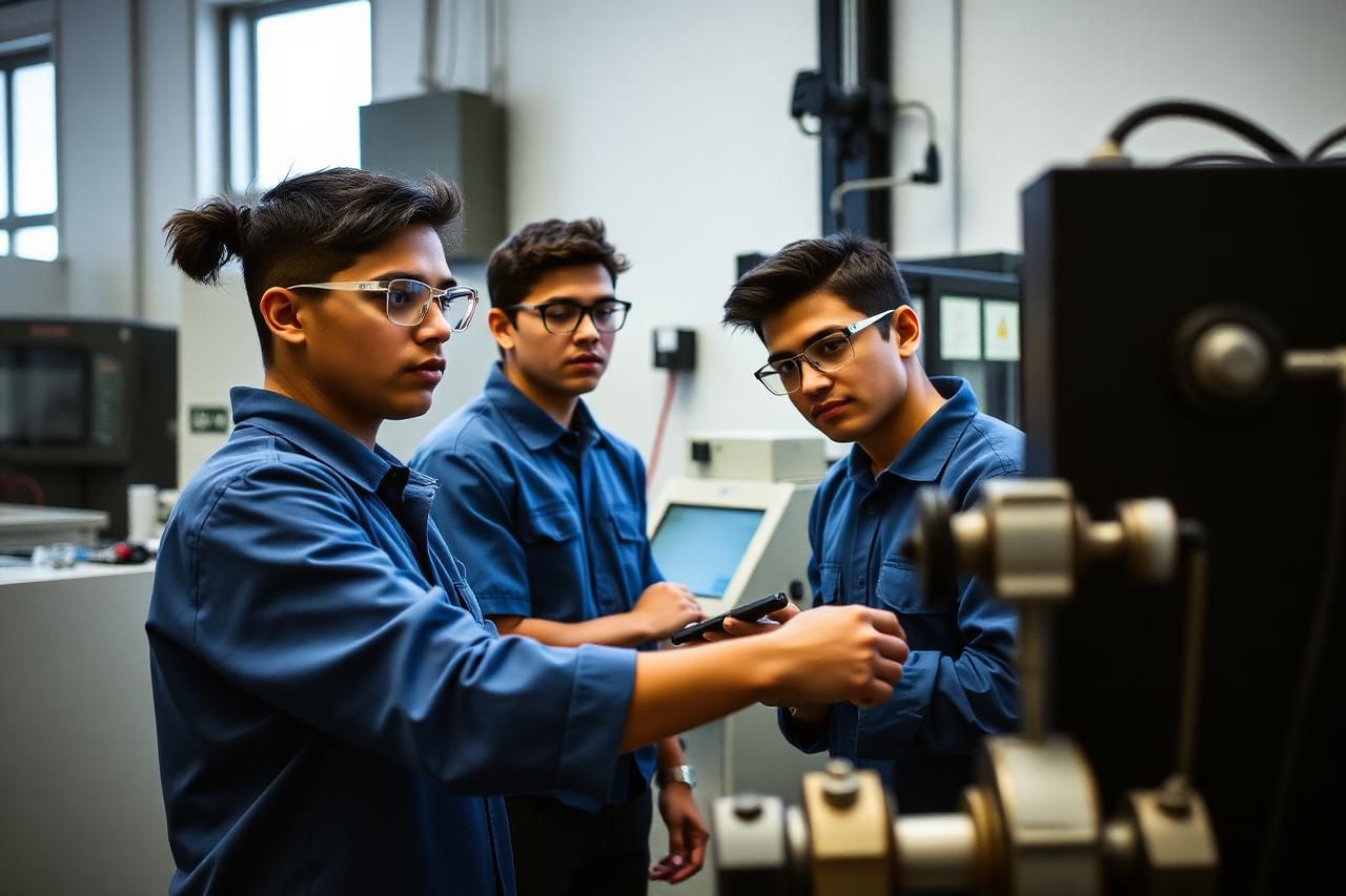 Estudiantes de ingeniería operando maquinaria en un laboratorio industrial