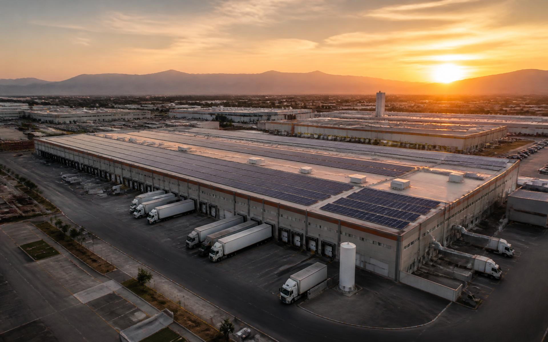 Parque industrial con paneles solares y transporte de carga en Coahuila al atardecer