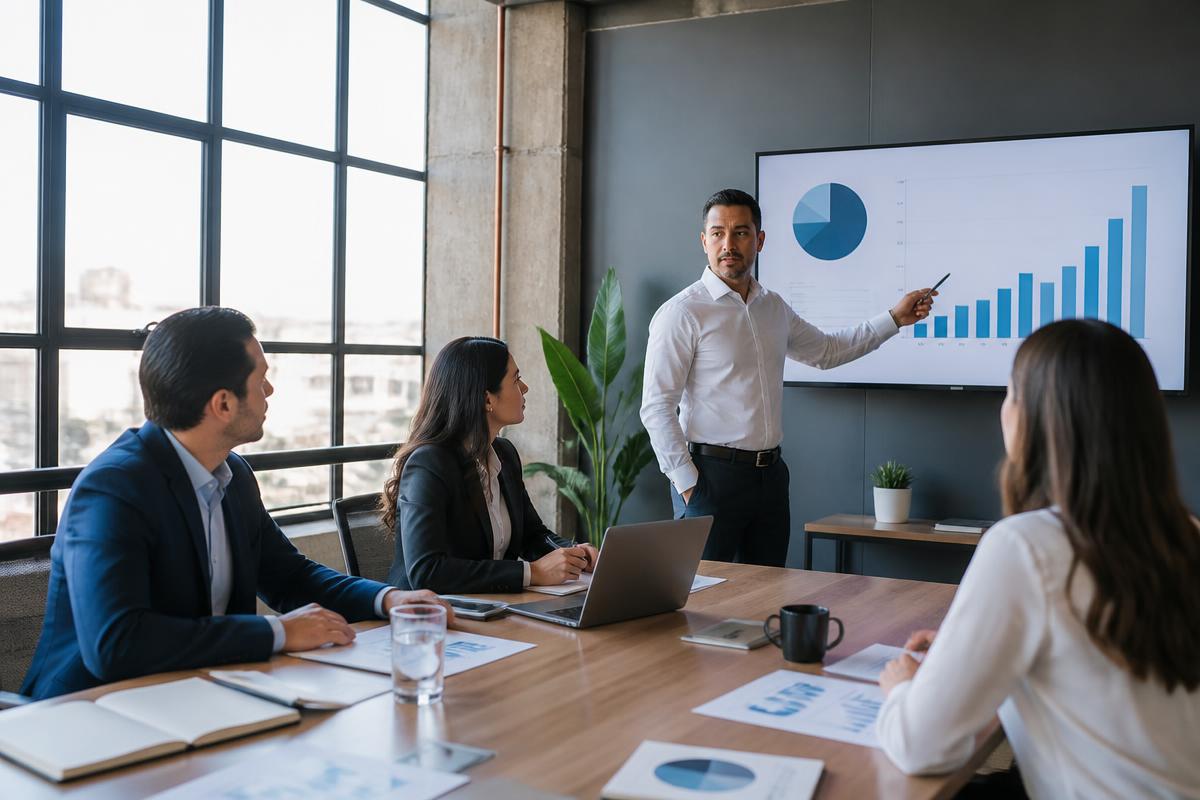 Equipo de negocios revisando indicadores de crecimiento en una sala de juntas