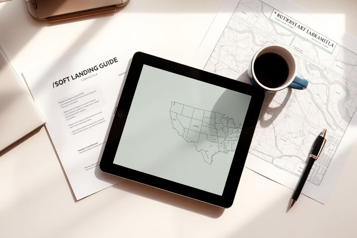 Guía de soft landing, tablet con mapa de Coahuila y documentos de planificación