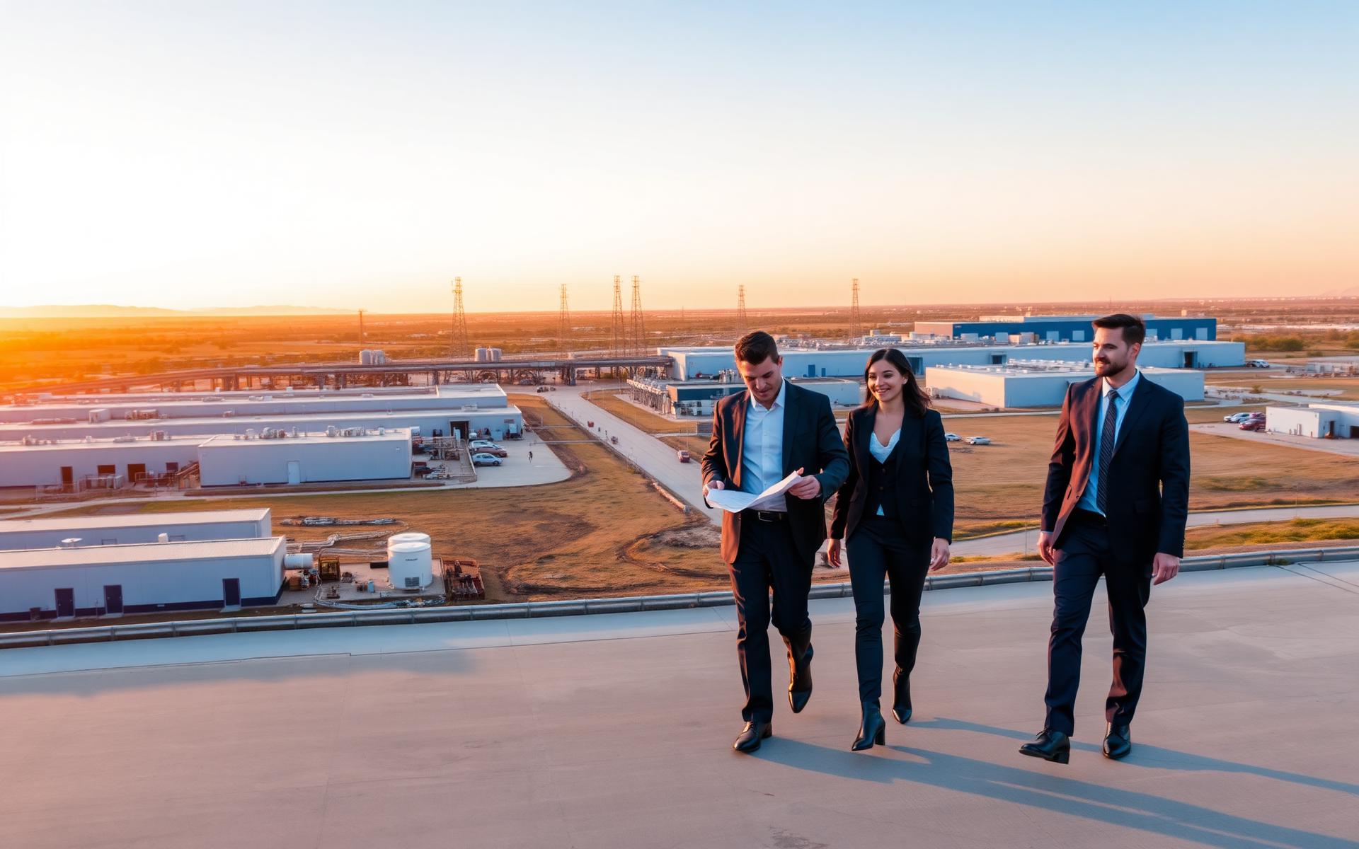 Profesionales de negocios evaluando un parque industrial en Coahuila al atardecer